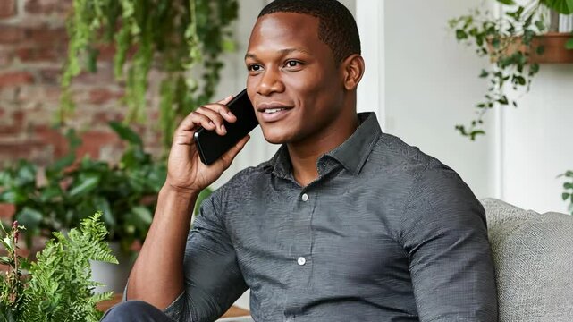 Man engaged in conversation while sitting in a cozy indoor setting surrounded by plants