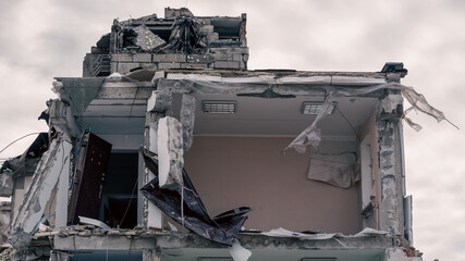 destroyed and burned houses in the city in Ukraine