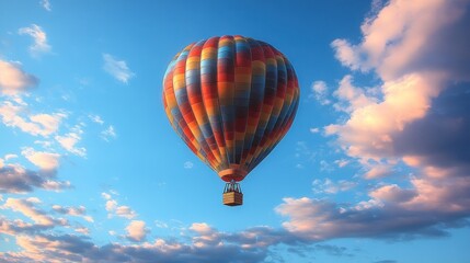 Fototapeta premium Colorful hot air balloon soaring in a blue sky with clouds.