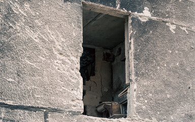 destroyed and burned houses in the city in Ukraine