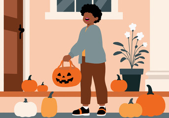 Child on a porch with a jack-o'-lantern bucket surrounded by pumpkins for Halloween