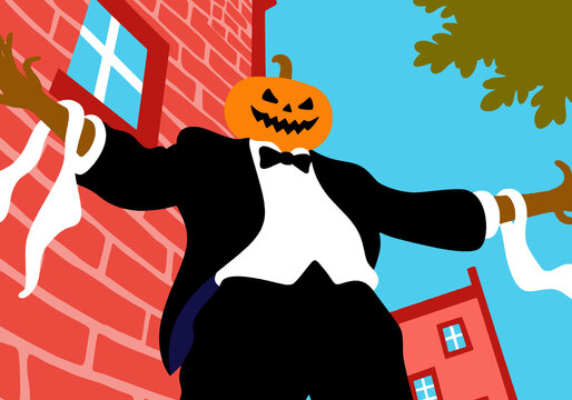 Scarecrow with a jack-o'-lantern head in a tuxedo against a red-brick townhouse as Halloween decor