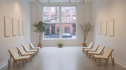 Fototapeta premium Minimalist Art Gallery Interior with Wooden Chairs and Large Window