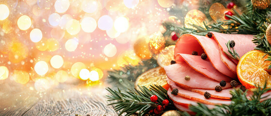A festive display featuring slices of ham garnished with citrus and greenery, illuminated by soft, shimmering holiday lights.