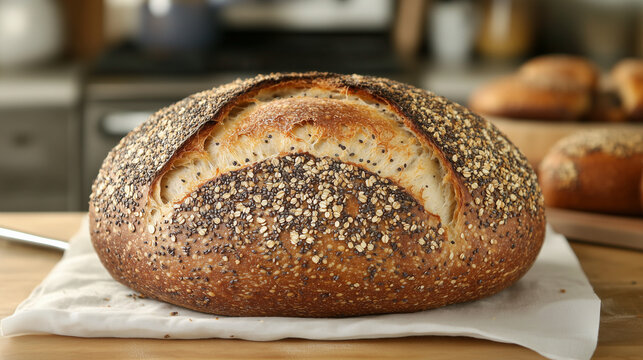 A freshly baked artisan sourdough bread with a golden crust, placed on rustic fabric surrounded by wheat grains. Warm lighting enhances the texture and inviting appearance of the bread