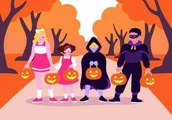 Kids in Halloween costumes walk through a park with jack-o-lanterns