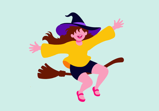 A cheerful witch joyfully rides a broomstick mid-air