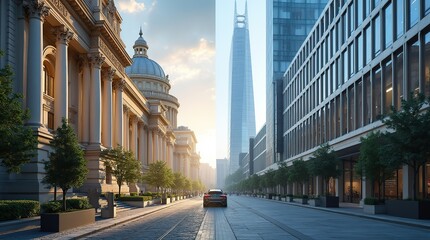 Fototapeta premium Artistic Contrast of Old and New Architectural Styles in Urban Setting