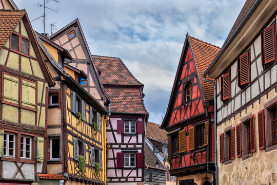Traditional Alsatian half-timbered houses in historic Old Town Colmar, Alsace, France