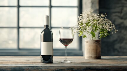 Elegant Wine Bottles with Glass and Flowers