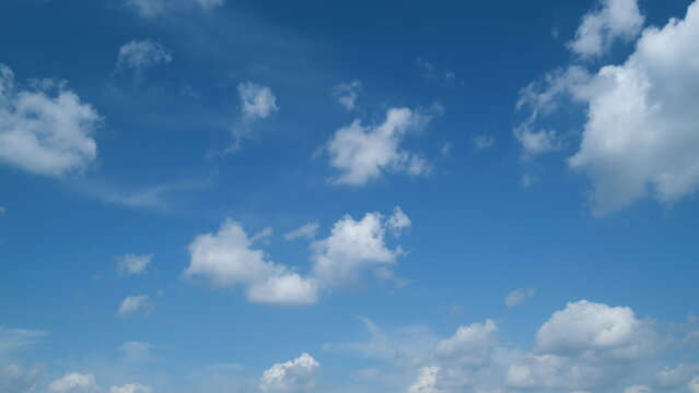 Daylight exotic horizon in tropical summer sunlight. Beautiful sunny blue sky background with tiny cirrus and cumulus on different layers. Timelapse.