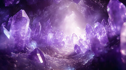 Obraz premium A purple crystal cave filled with glowing gemstones, surrounded by ethereal light and mist.