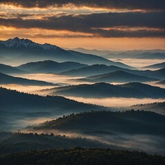 Obraz premium Sunset over a mountain ridge with layers of misty peaks.
