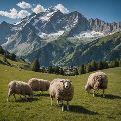 Fototapeta premium Majestic peaks of the Alps with grazing sheep in the foreground.