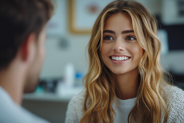 Fototapeta premium Smiling woman engaging in conversation in a cozy indoor setting. Generative AI