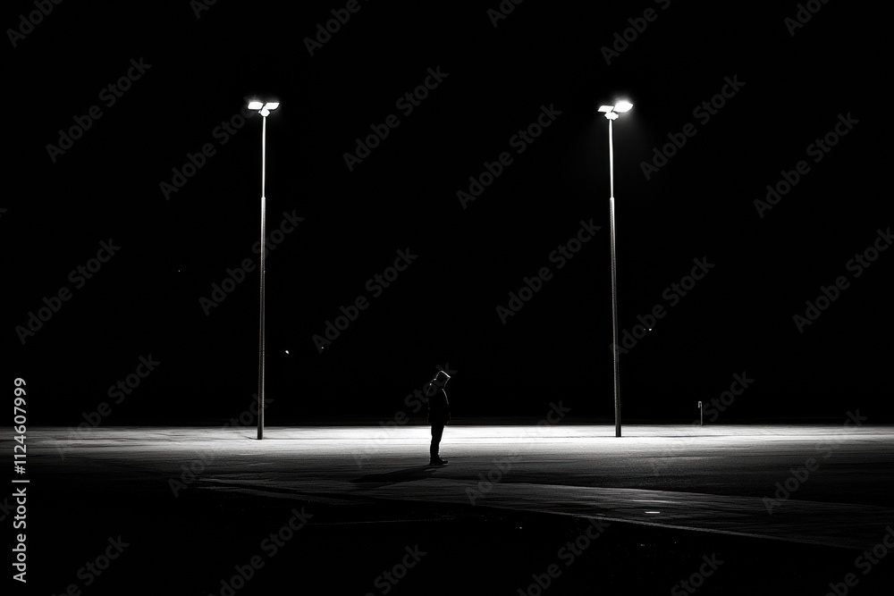 Aufkleber a lone person stands under streetlights on a deserted street at night, creating an atmosphere of sol