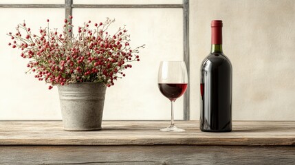 Elegant Wine Setup with Flowers and Glass