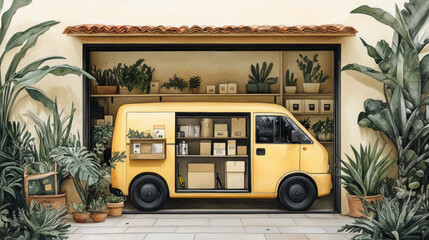 A vibrant yellow delivery van is parked in front of a shop filled with plants and eco-friendly items, promoting sustainable delivery solutions