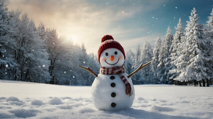 Fototapeta premium snowman, Christmas hat, happy mood, festive, winter, holiday spirit, joyful snowman, Christmas decoration, winter cheer, snow, Santa hat, holiday season, cheerful snowman, Christmas joy, seasonal 