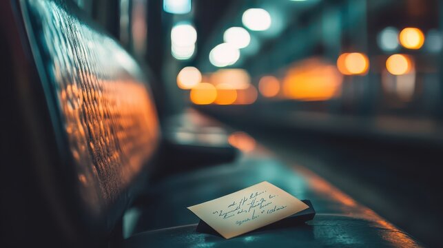 Love Letter Resting on a Train Seat with a Soft-Focus Background of a Departing Station and Blurred Lights