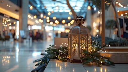Stylish shopping center display showcasing living room decor, with a decorative lantern as the centerpiece