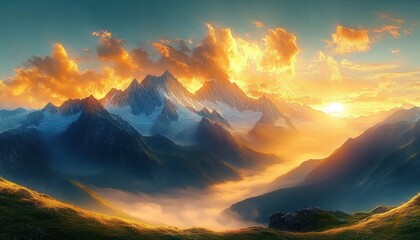 Stunning Mountain Landscape at Sunrise with Dramatic Peaks and Valleys