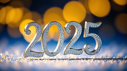 Srebrne, błyszczące cyfry 2025 na błyszczącej powierzchni, otoczone świątecznymi niebieskimi światłami bokeh tworzącymi świąteczną atmosferę.
