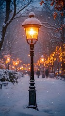 A lamp post stands in the center foreground of a snowy winter