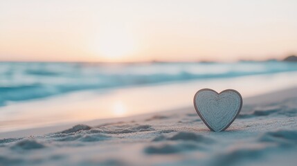 Fototapeta premium A wooden heart resting on sandy beach with ocean waves and a golden sunset in the background, evoking love and serenity.