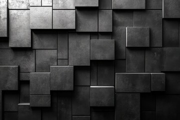 Abstract arrangement of dark, textured blocks creating a modern wall design.