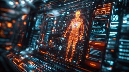 Fototapeta premium Futuristic interface displaying a holographic human anatomy model.