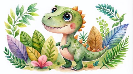Adorable Watercolor Baby Dinosaurs Illustration Featuring a Cute T-Rex Character Design for Kids, Hand-Drawn Jurassic Clipart in Playful and Whimsical Style © Four888