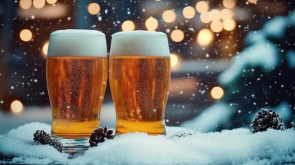 Foamy Beer Glasses on Wooden Table in Cozy Atmosphere with Bokeh Lights