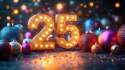 Glowing 25 Number Celebration with Confetti and Bokeh Lights