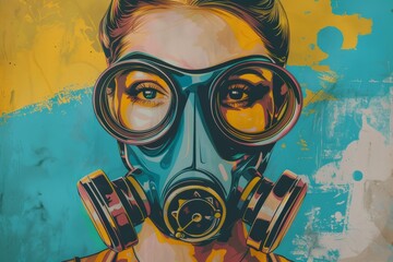 A woman dons a colorful gas mask, symbolizing the urgency of environmental issues. The bright background amplifies the call for awareness and action against pollution.