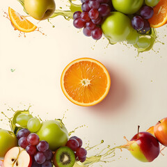 A fresh orange slice surrounded by apples, grapes, and kiwis, creatively placed with dynamic juice splashes on a minimalistic backdrop
