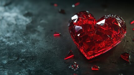 Red Heart Made of Shattered Glass Reflecting Light on a Dark Surface, Symbolic and Emotional