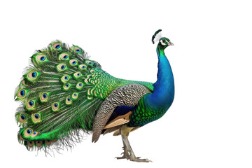 Stunning Hyperrealistic Green Peafowl Displaying Majestic Beauty Against a Pure White Background for Artistic and Educational Use