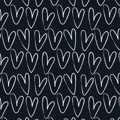 Seamless heart pattern. Hand painted ink brush. Black and white.