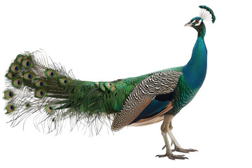 Fototapeta premium Hyperrealistic Green Peafowl Male Side Profile for Nature and Wildlife Projects, Illustrations, and Educational Material