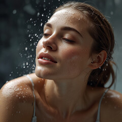Naklejka premium Beautiful woman with perfect clean fresh skin enjoying water splashing on her face