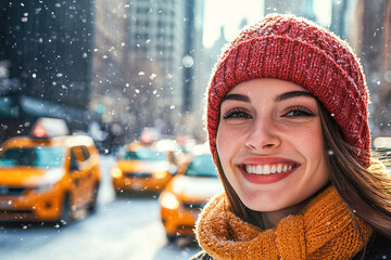 Beautiful smiling woman with red woolen hat on a street of a big snowy city