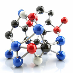 Obraz premium Complex molecular structure 3D rendering. Features colorful atoms connected by bonds on white background. Scientific education and chemistry research illustration.