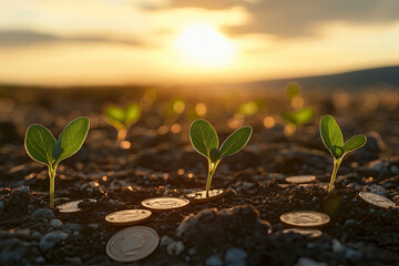 Close-up of young plants sprouting from coins scattered across the earth, with a clear sky in the background, conveying hope and new beginnings 