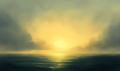 Fototapeta premium Dark clouds fill the sky as the sun sets, casting a somber and melancholic mood over the scene 