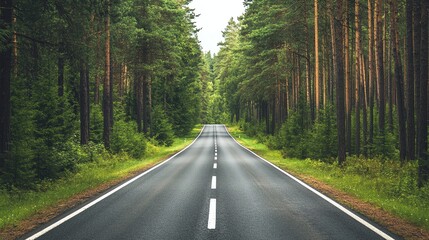 Naklejka premium A long, straight road through a forest.