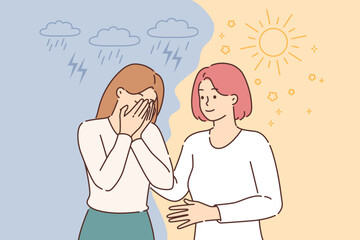 Fototapeta premium Influence of climate on emotional health of woman crying during rain and smiling after sun comes out