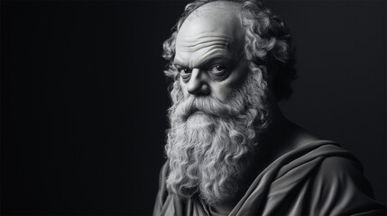 Obraz premium Grayscale AI facial reconstruction of Socrates based on his known sculpture, Greek philosopher. 