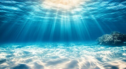 Fototapeta premium Underwater view of a sandy tropical seabed, showcasing the beauty and tranquility of clean white sand and blue water. A beautiful view of the seabed with small rocks. Beautiful calm sea