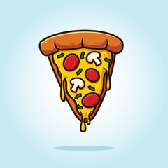 A slice of pizza with pepperoni and mushroom topping and melted cheese. Food vector cartoon illustration